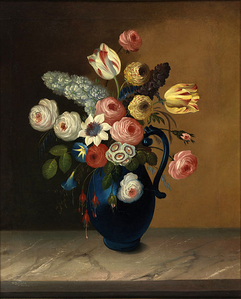 Still life, flowers in a blue jug oil on canvas painting by Van Diemonian (Tasmanian) artist and convict William Buelow Gould (1801 - 1853).